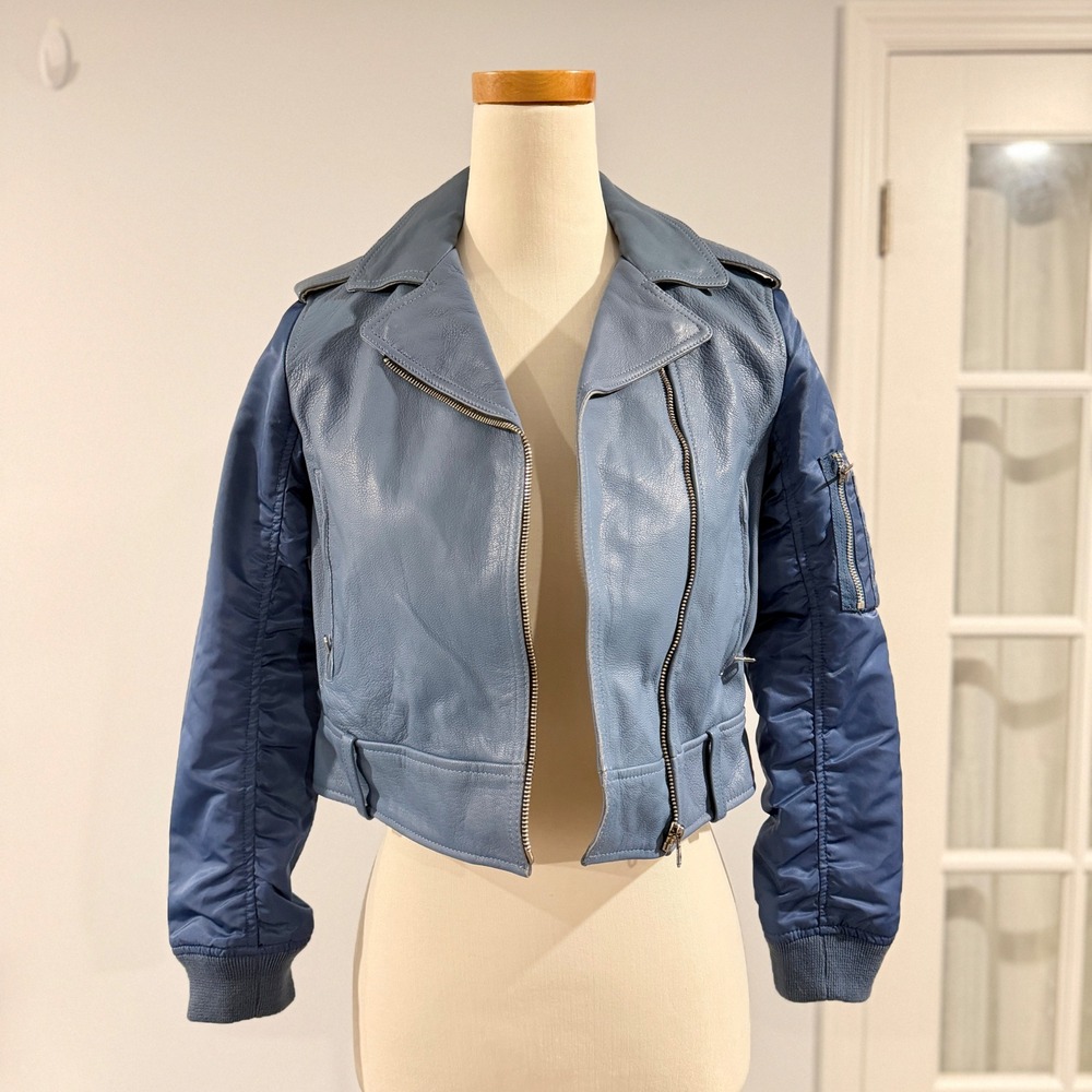 NWT Sandro Paris Brixton Full Grain Goat Leather Jacket Blue Women's Sz 1 Small